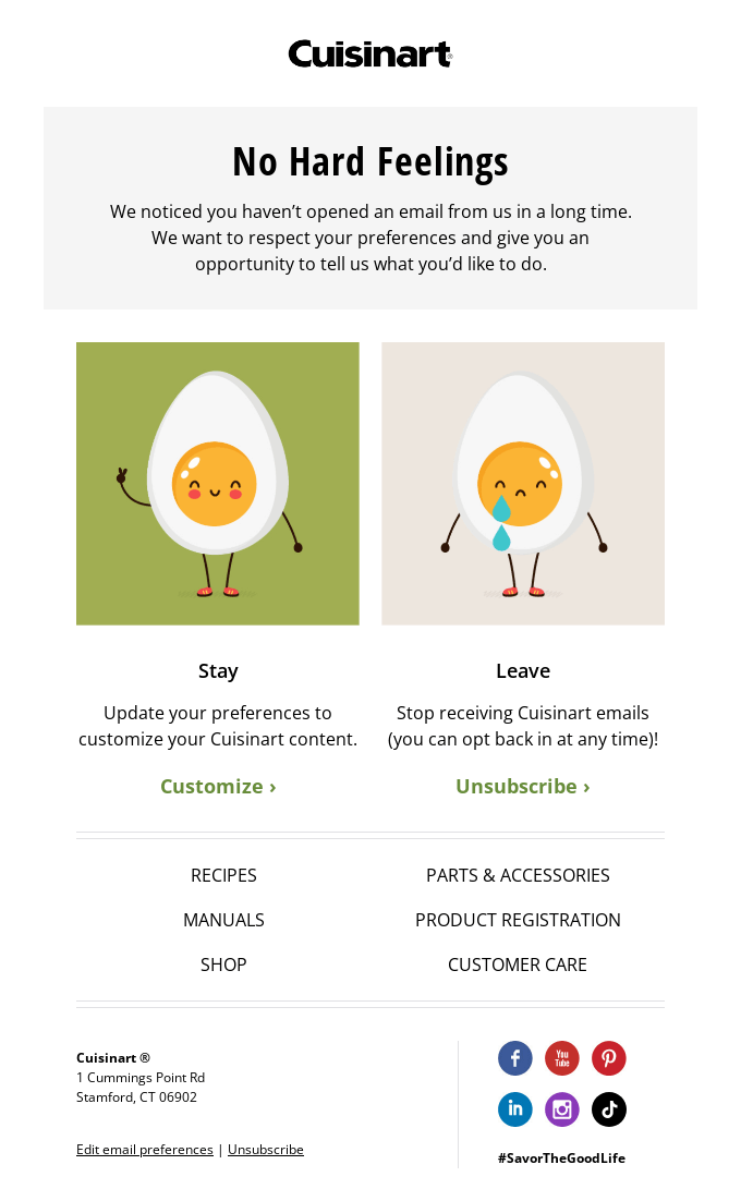 Cuisinart subscription newsletter titled "No hard feelings"